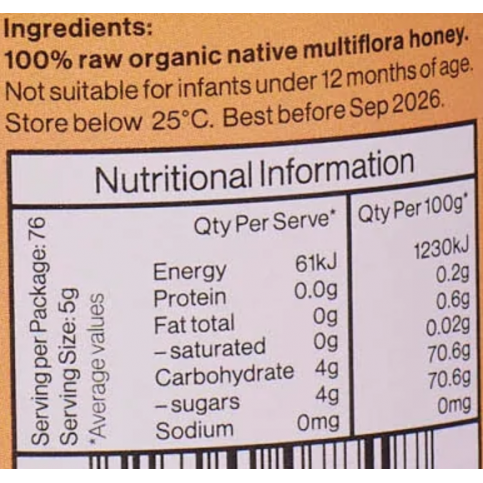 Multifloral Honey (Certified Organic, Raw, NZ) - 380g